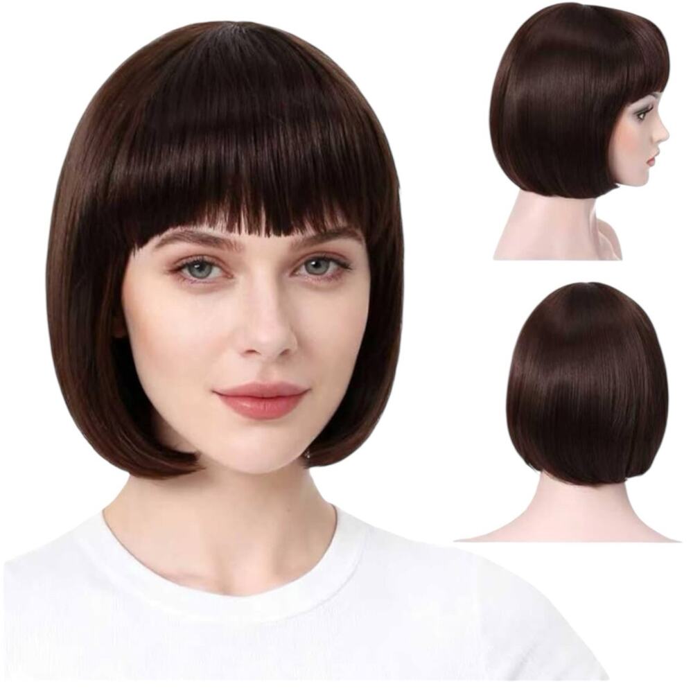 OneDor Black Short Straight Bob-Cut Wig Synthetic Hair #6 Medium Chestnut